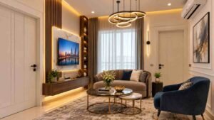Modern living room with TV wall and blue accent chair at Globe Residency Karachi