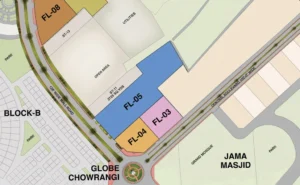 Map showing Globe Residency location near Globe Chowrangi and Jama Masjid in Naya Nazimabad