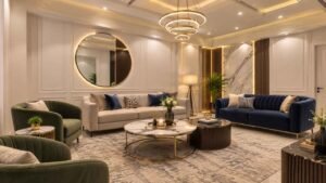 Luxury lounge with green and blue sofas and round mirror at Globe Residency Karachi