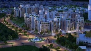 Night aerial view of Globe Residency with illuminated roads in Naya Nazimabad Karachi