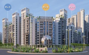 View of Globe Residency towers with labels FL-3 FL-4 and FL-5 in Naya Nazimabad