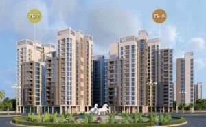 View of Globe Residency towers with labels FL-7 and FL-8 in Naya Nazimabad