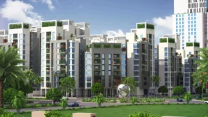View of Globe Residency towers with landscaped gardens in Naya Nazimabad Karachi
