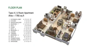 Detailed floor plan of Type A 5 room 1785 sqft apartment at Globe Residency Karachi
