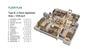 Detailed floor plan of Type B 4 room 1249 sqft apartment at Globe Residency Karachi