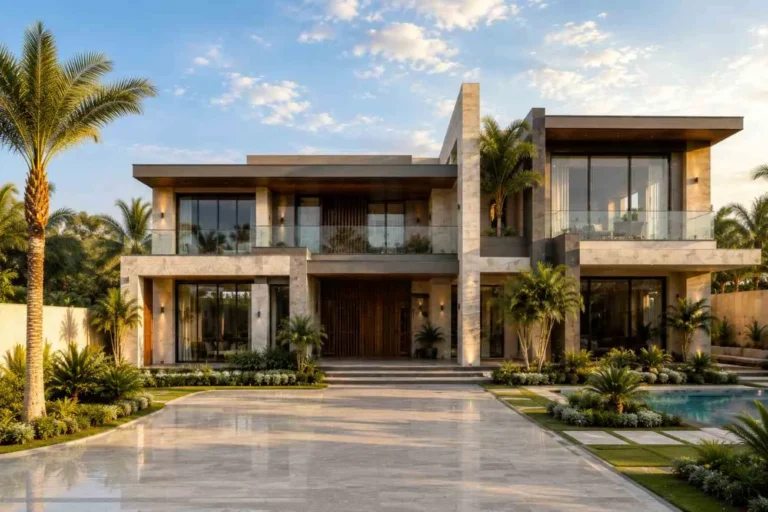 Luxury modern villa with stone facade and glass windows in daytime