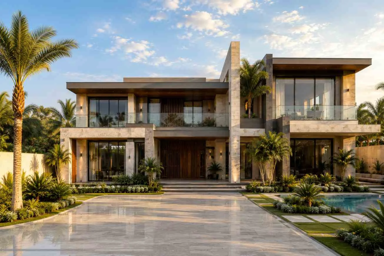 Luxury modern villa with stone facade and glass windows in daytime