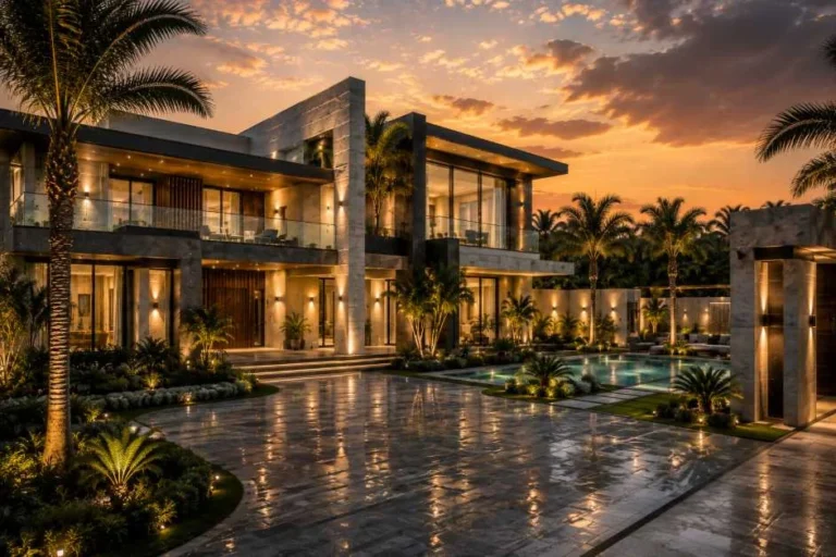 Luxury modern villa front elevation at golden hour with glass windows
