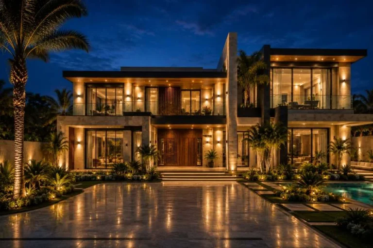 Ultra-modern luxury villa at night with glass facade and reflecting pool