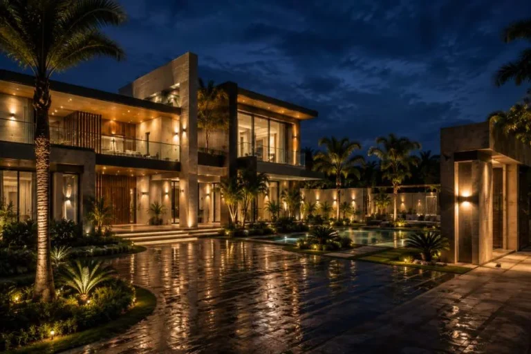 Side view of luxury modern villa at night with pool and garden