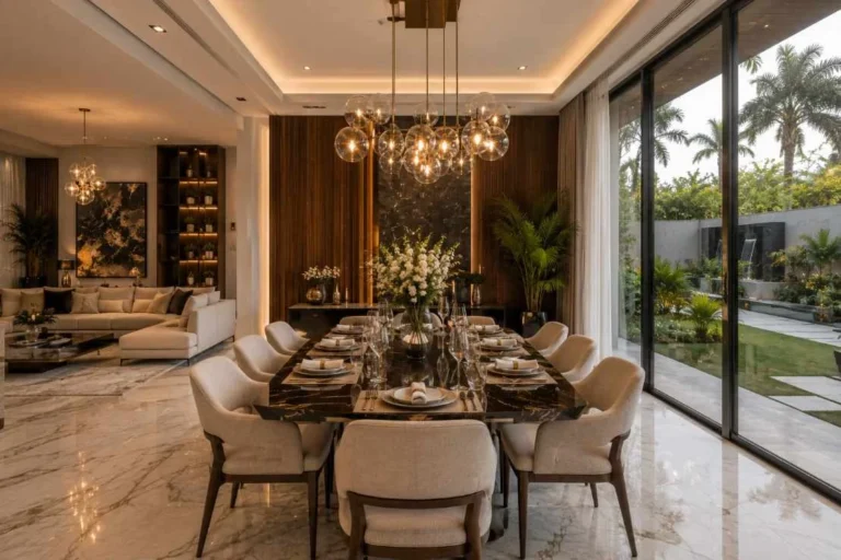 Elegant dining area with glass chandelier and modern table