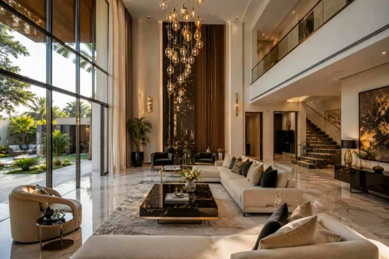 Double-height living room with grand chandelier and glass windows