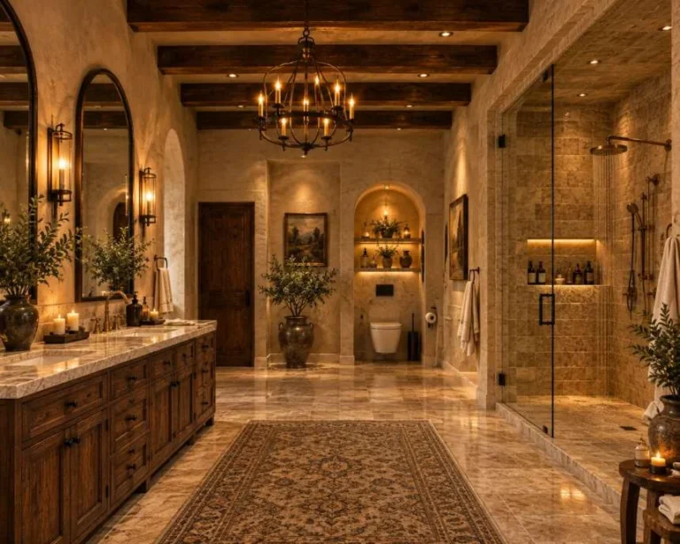 Luxury bathroom with double marble vanity and glass shower at Mediterranean villa