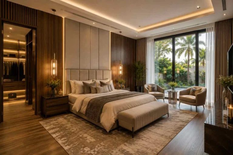 Luxury master bedroom with wood paneling and elegant furnishings