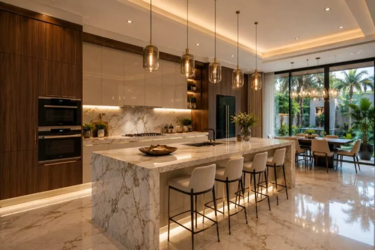 Modern luxury kitchen with marble island and premium cabinetry