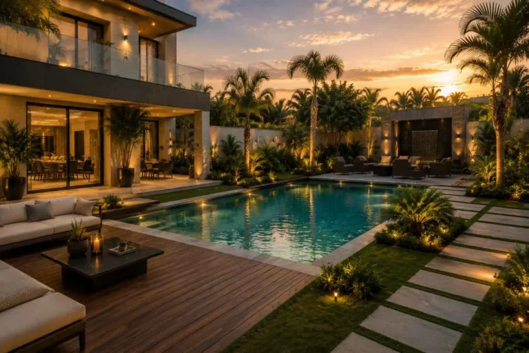 Luxury villa swimming pool with sunset deck and lounging area
