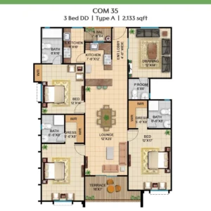 Detailed layout of Type A 3 Bed DD 2133 sqft unit at Peace Apartments Karachi