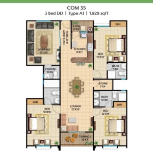Detailed floor plan of COM 35 Type A1 3 Bed DD 1928 sqft unit at Peace Apartments Karachi
