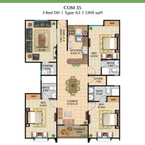 Floor plan of COM 35 Type A2 3 Bed DD 1901 sqft unit at Peace Apartments Karachi