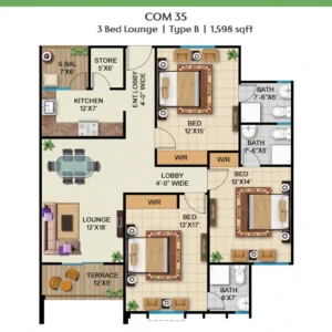 Floor plan of Type B 3 Bed Lounge 1598 sqft unit at Peace Apartments Karachi