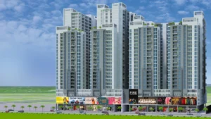 Full building elevation of Peace Apartments with landscape in Naya Nazimabad, Karachi