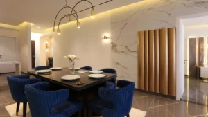 Dining room with blue chairs and wood slat panels at Peace Apartments Karachi