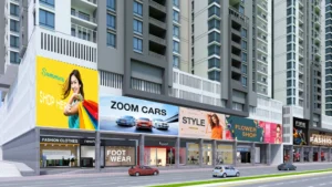 Roadside view of Peace Apartments commercial plaza and residential towers in Karachi