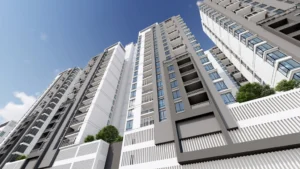 Low angle view of Peace Apartments high-rise towers reaching the sky in Karachi