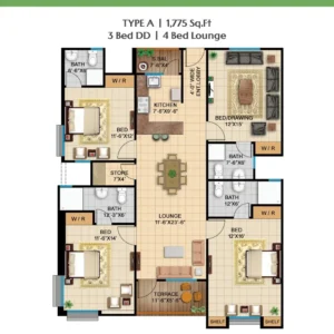 Floor plan for Type A 3 Bed DD 4 Bed Lounge 1775 sqft unit at Peace Apartments