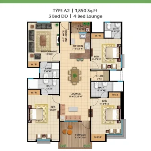 Floor plan for Type A2 3 Bed DD 4 Bed Lounge 1850 sqft unit at Peace Apartments Karachi