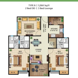Floor plan of Type B 2 Bed DD 3 Bed Lounge 1260 sqft unit at Peace Apartments