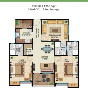 Floor plan of Type B1 2 Bed DD 3 Bed Lounge 1280 sqft unit at Peace Apartments
