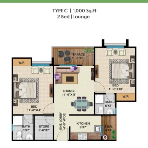 Floor plan of Type C 2 Bed Lounge 1000 sqft unit at Peace Apartments Karachi