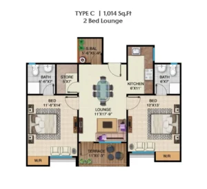 Floor plan of Type C 2 Bed Lounge 1014 sqft unit at Peace Apartments Karachi