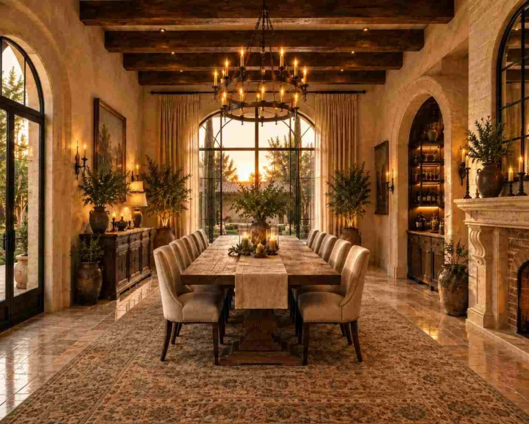 Luxury dining room with dark wood table and arched windows at Mediterranean villa