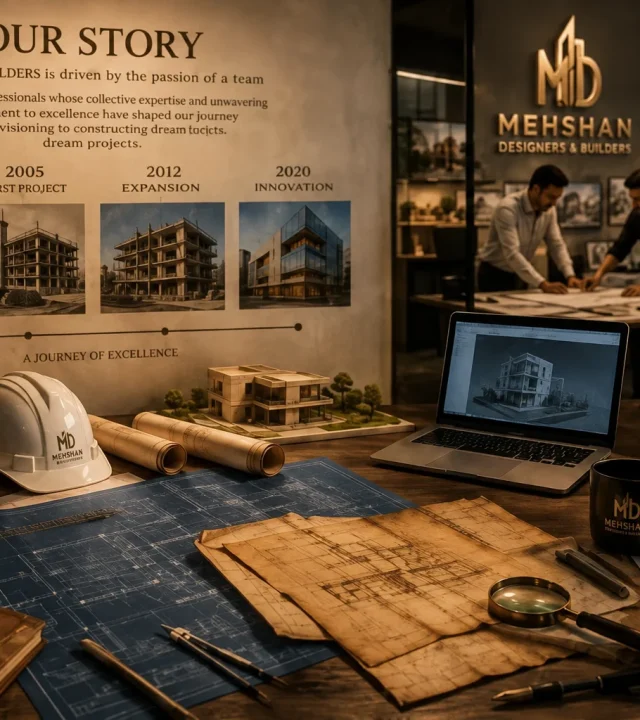Architectural journey of Mehshan Builders with blueprints and design tools
